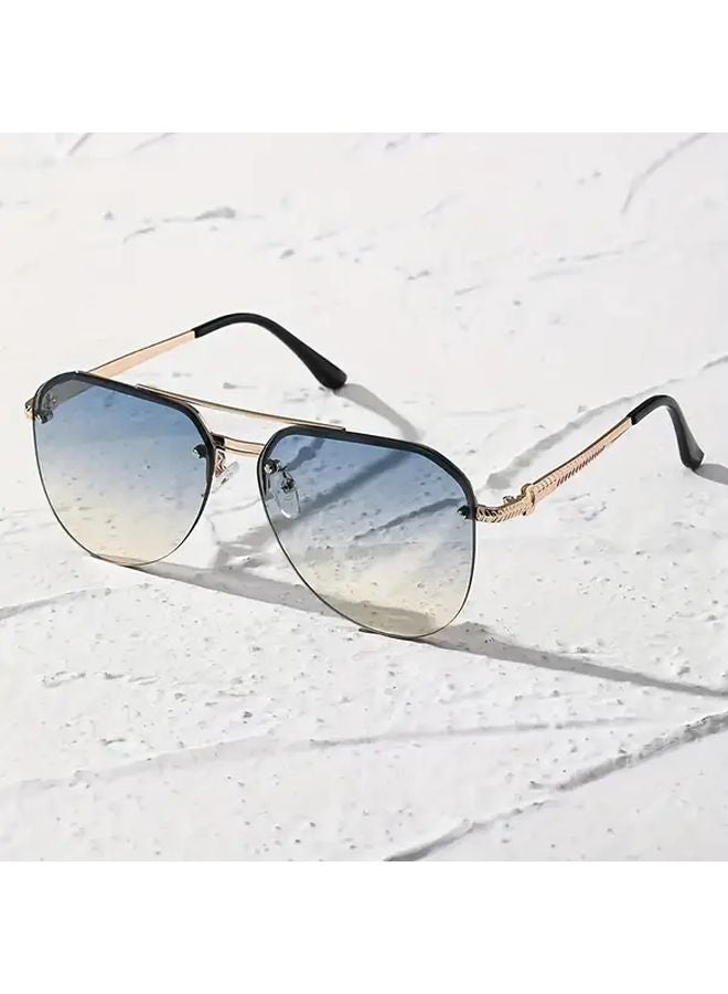 Golden Blue Yellow Double Beam Half Frame Pilot Sunglasses Vintage Style - Image 3